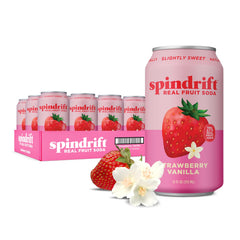 Spindrift lata frontal mostrando diseño y sabor Strawberry Shortcake, atractivo natural
