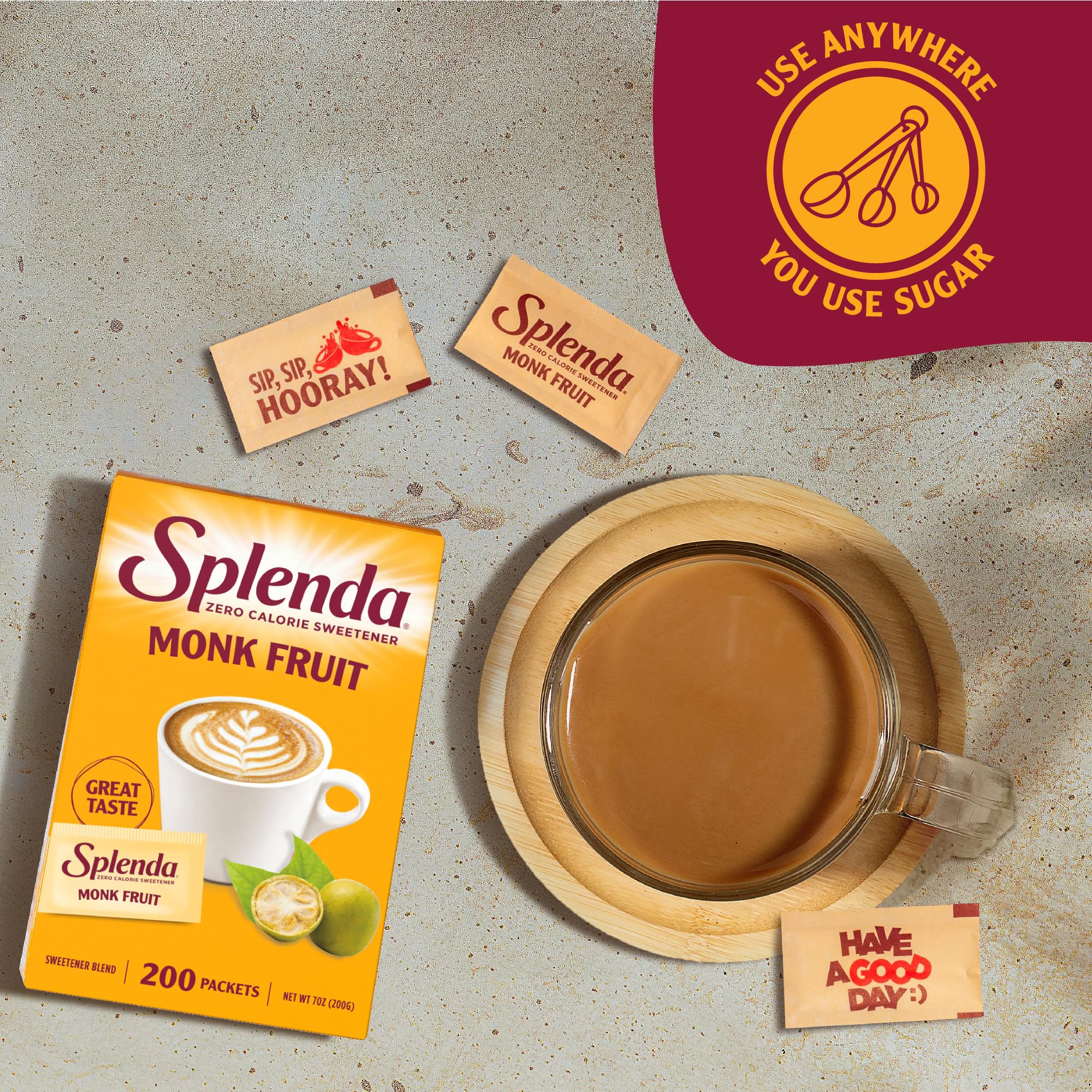 SPLENDA sobre en mano demostrando tamaño portátil y control de porción
