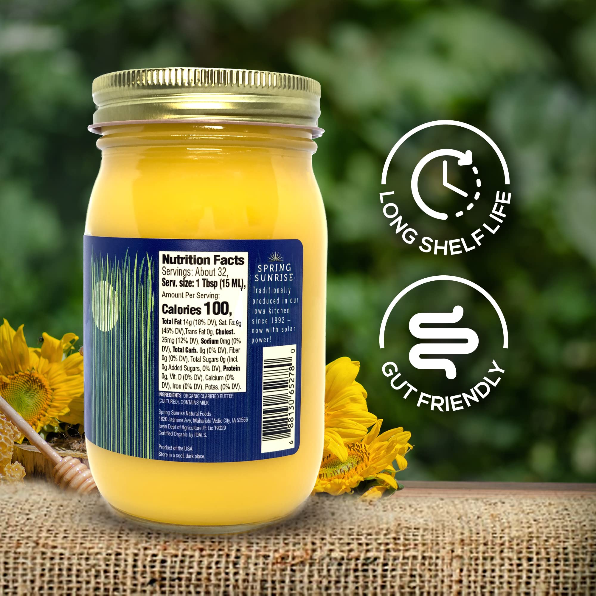 Spring Sunrise ghee frasco junto a una cuchara para comparar tamaño práctico