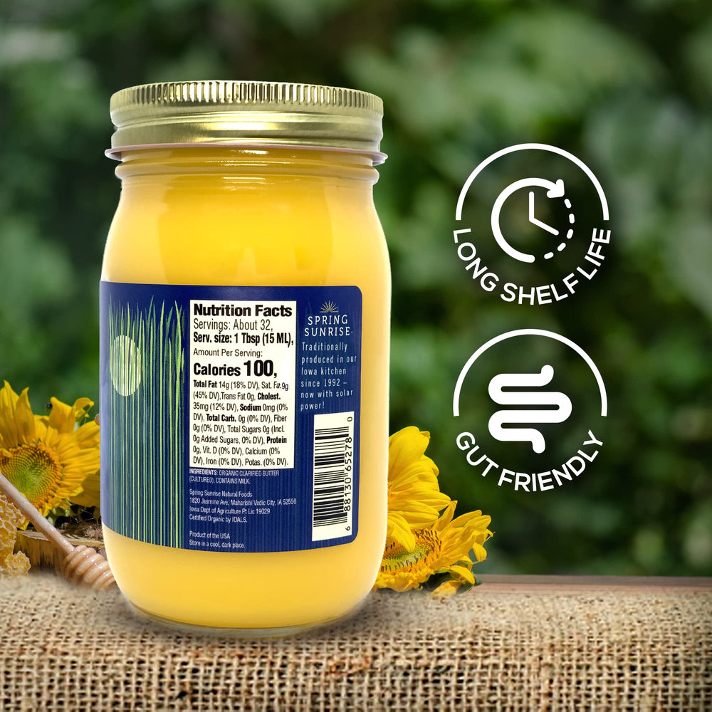 Spring Sunrise ghee frasco junto a una cuchara para comparar tamaño práctico