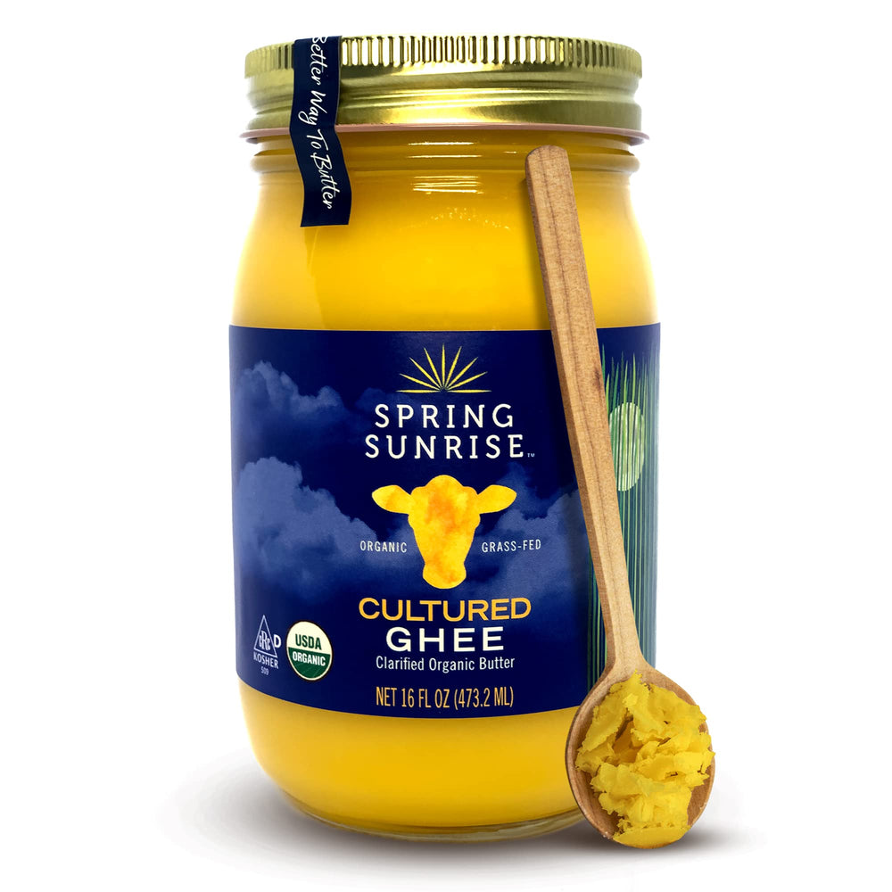 Spring Sunrise ghee frasco frente mostrando color dorado y etiqueta orgánica