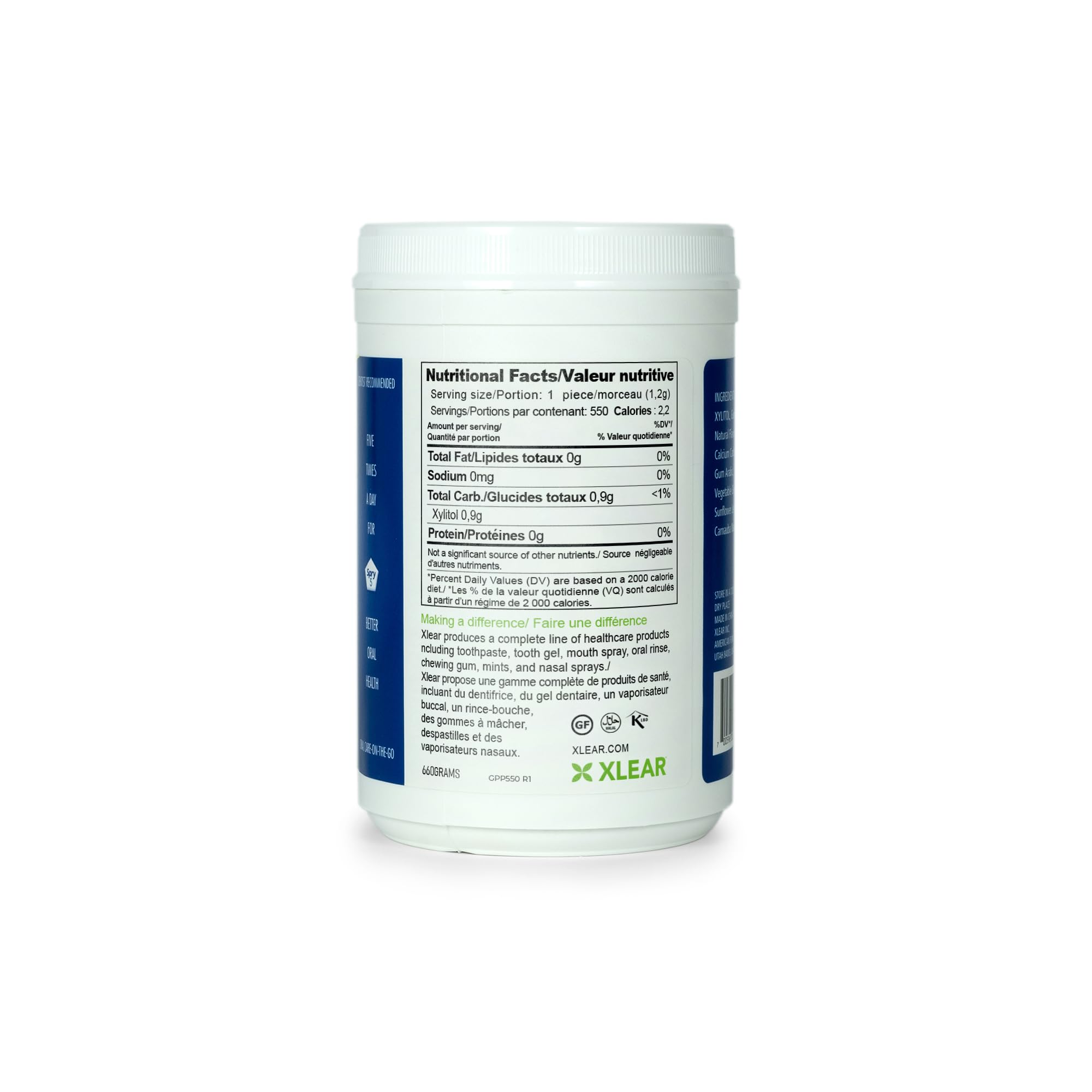 Spry etiqueta con ingredientes y xilitol como ventaja natural