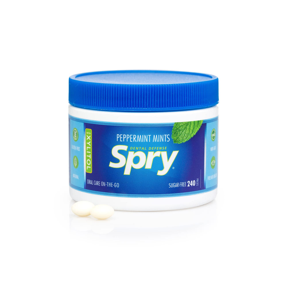 Etiqueta Spry mints con lista de ingredientes y ventaja sin azúcar