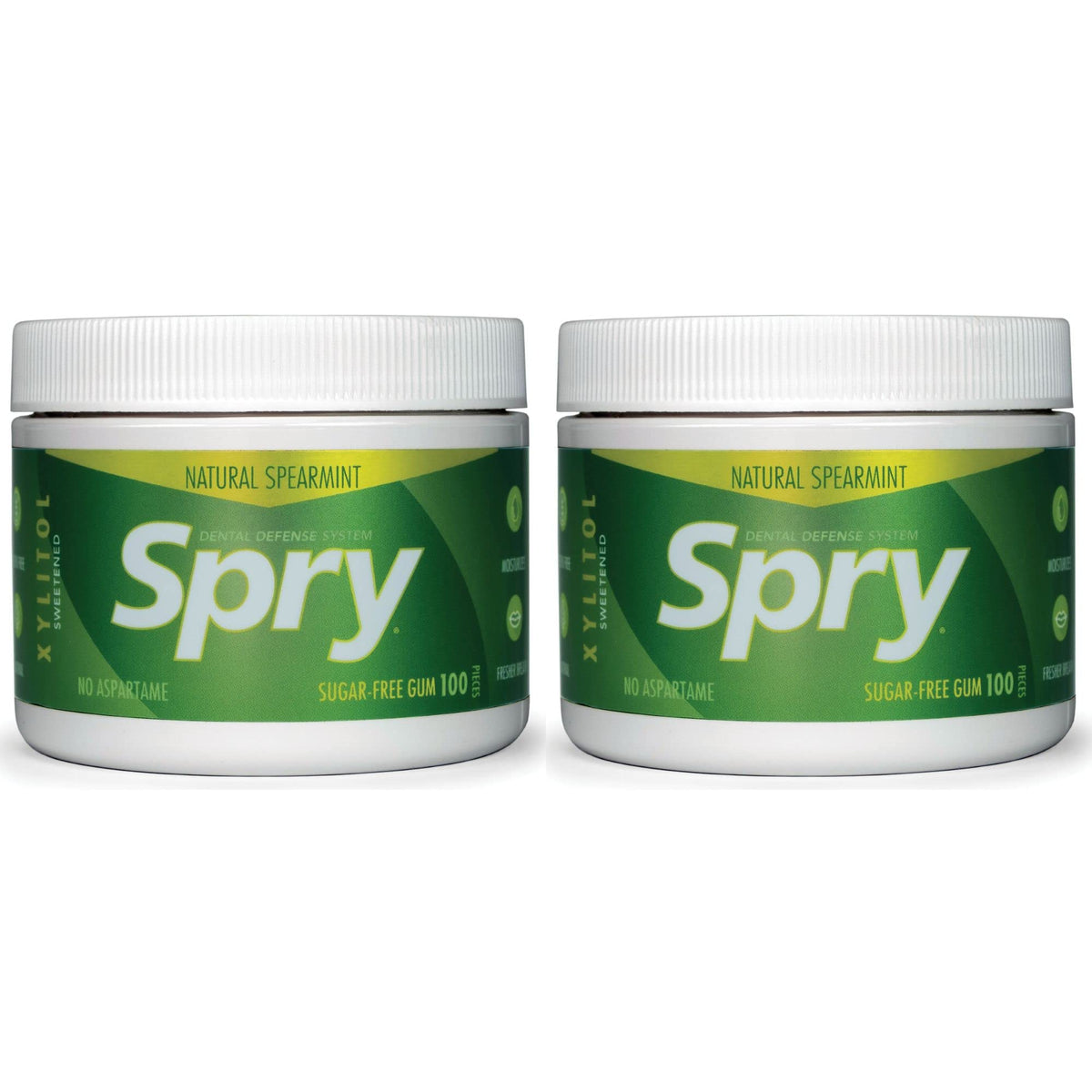 Spry envase frontal del chicle spearmint mostrando el diseño y conveniencia