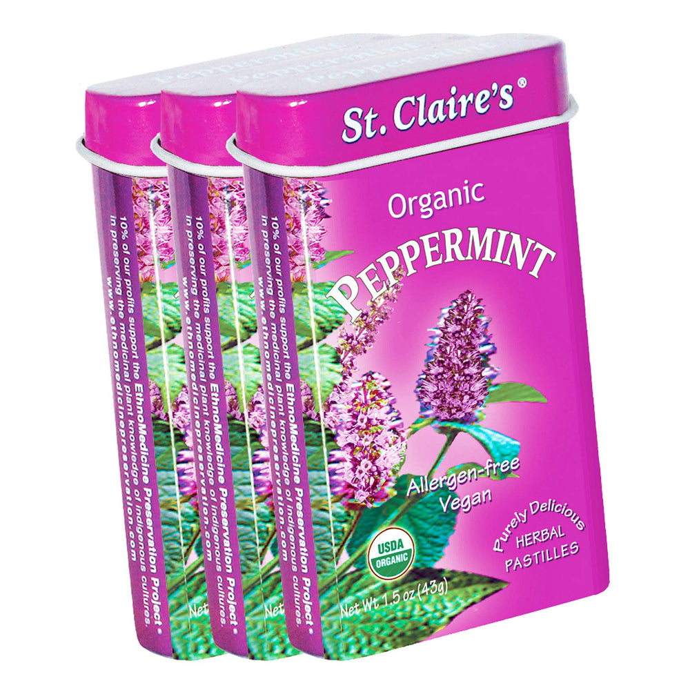 St. Claire's Organics lata frontal mostrando etiqueta coleccionable y facilidad para llevar