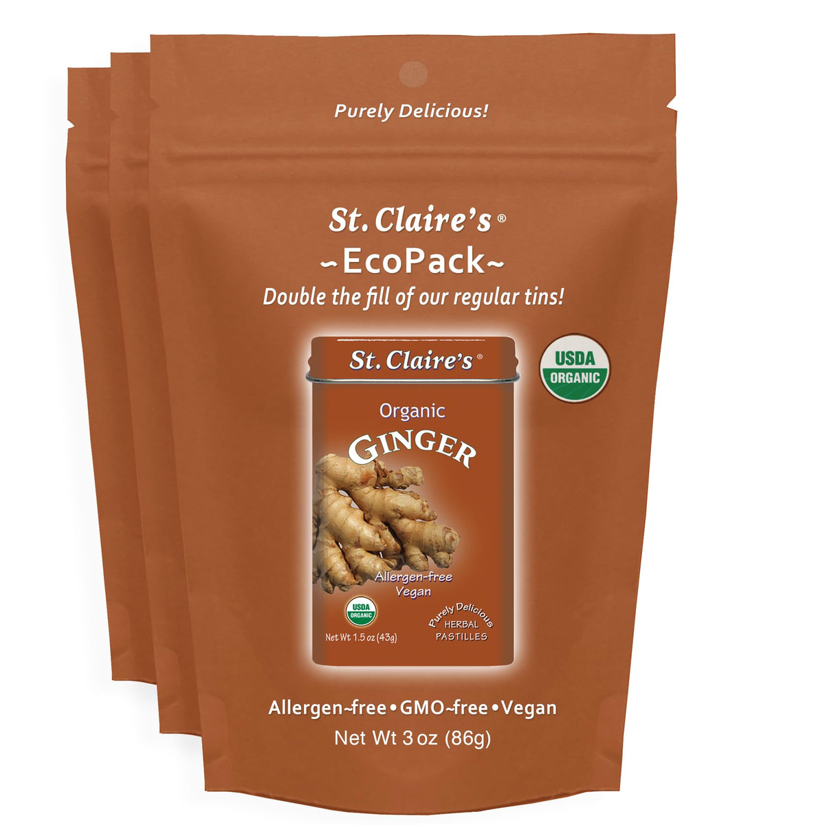 St. Claire's Organics empaque frontal de pastillas de jengibre, portátil y orgánico