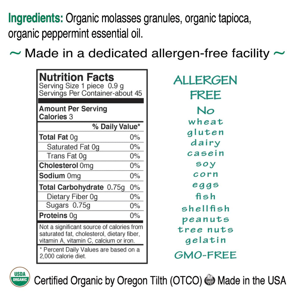 St. Claire's Organics detalle de textura de menta y gránulos de melaza que resaltan sabor natural