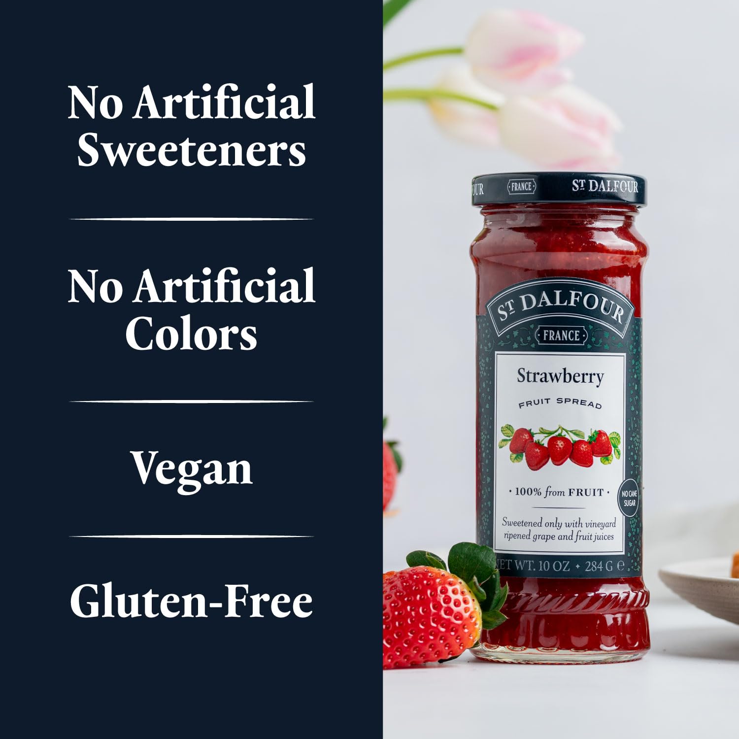 St. Dalfour frascos con fresas frescas y etiqueta de origen francés
