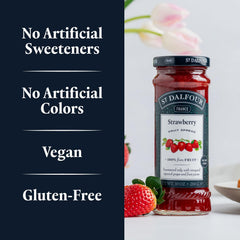 St. Dalfour frascos con fresas frescas y etiqueta de origen francés