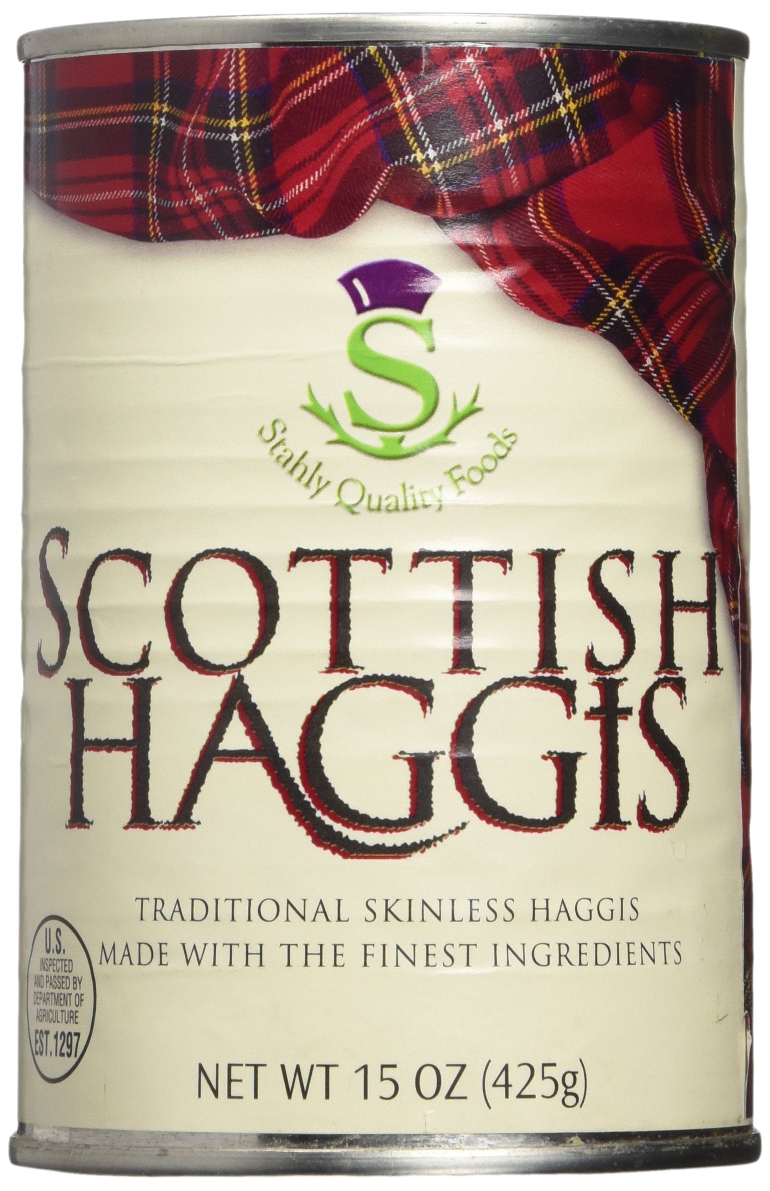 Stahly haggis en lata vista frontal mostrando el envase y forma entera