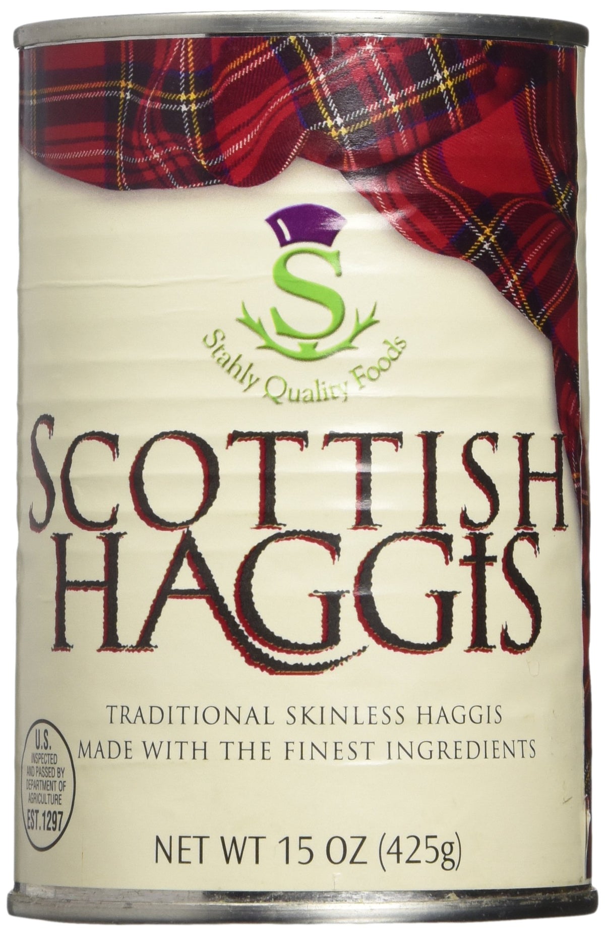 Stahly haggis en lata vista frontal mostrando el envase y forma entera