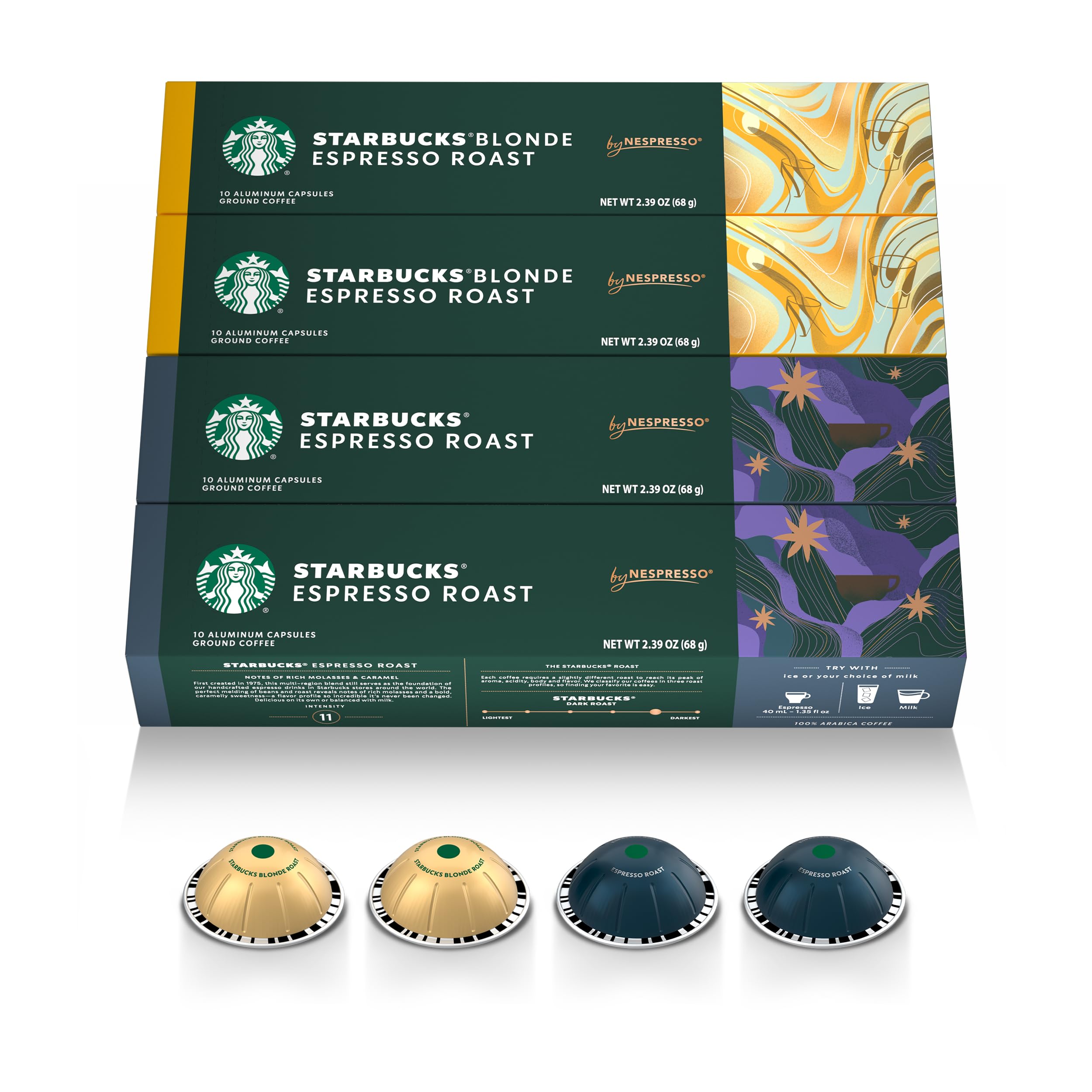 Starbucks by Nespresso pack frontal mostrando las cuatro cajas y variedad, conveniencia inmediata