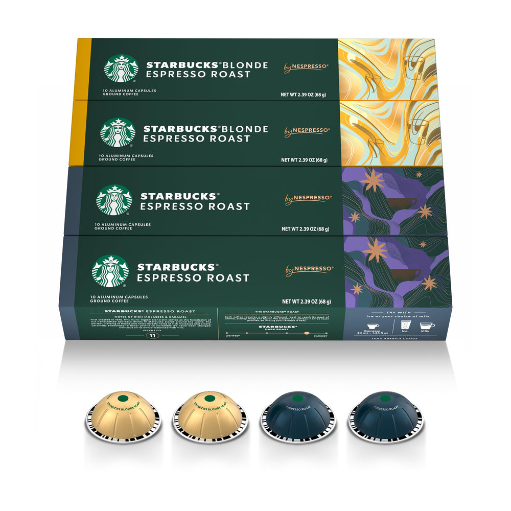 Starbucks by Nespresso pack frontal mostrando las cuatro cajas y variedad, conveniencia inmediata