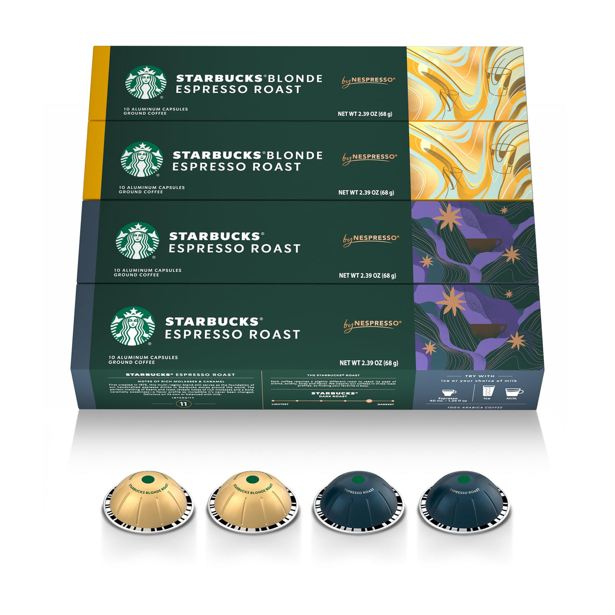 Starbucks by Nespresso pack frontal mostrando las cuatro cajas y variedad, conveniencia inmediata