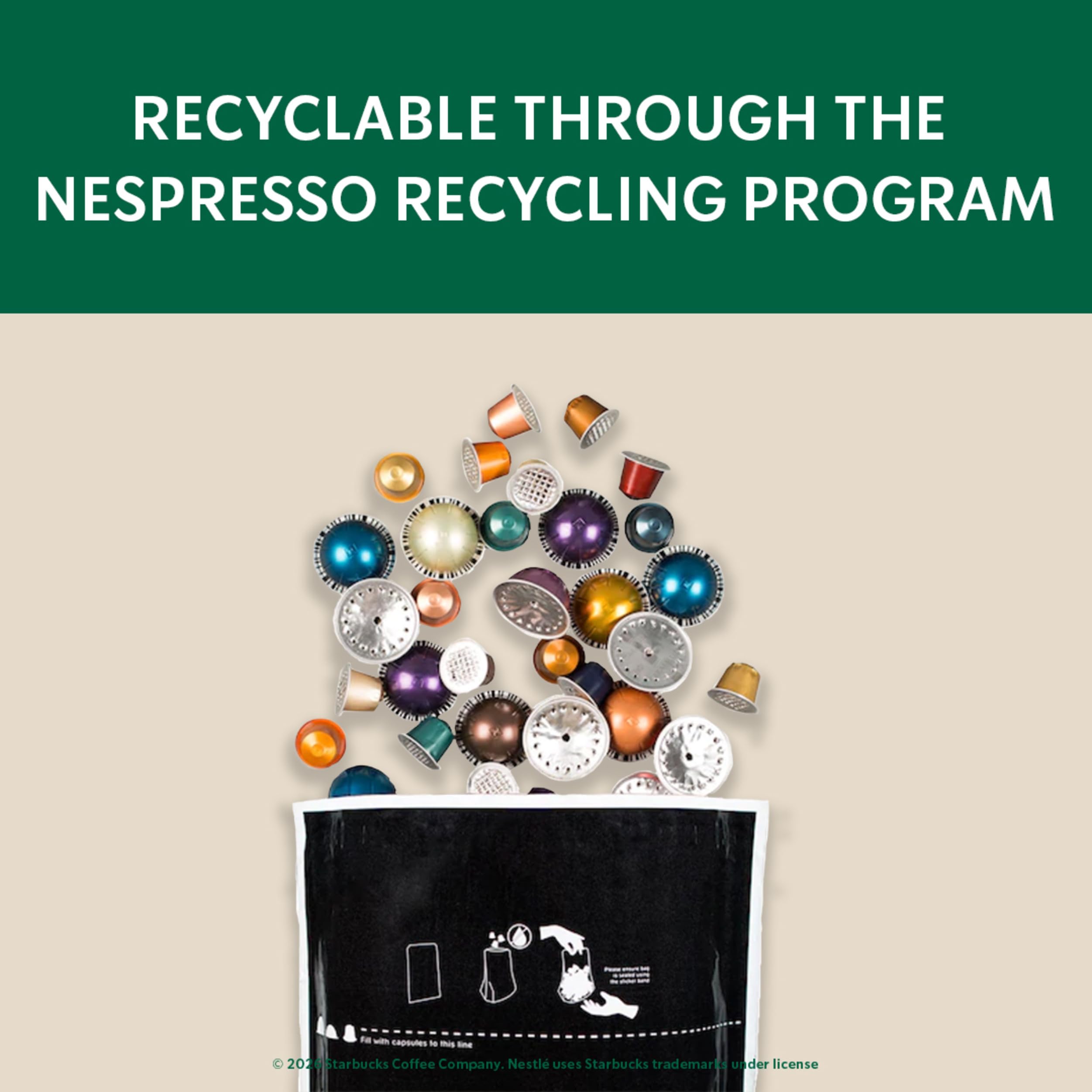 Starbucks etiqueta con detalles de compatibilidad y reciclaje, beneficio información clara