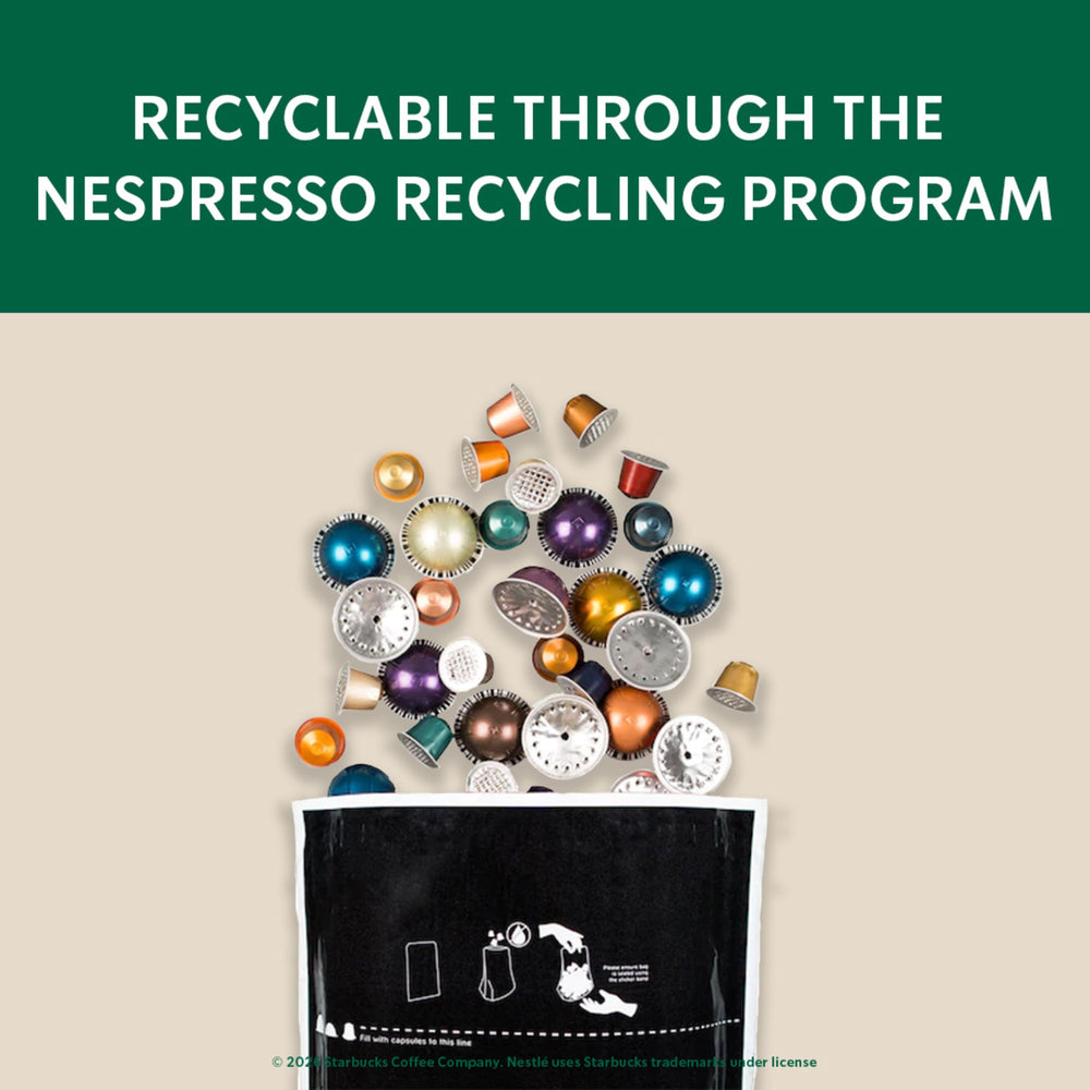 Starbucks etiqueta con detalles de compatibilidad y reciclaje, beneficio información clara
