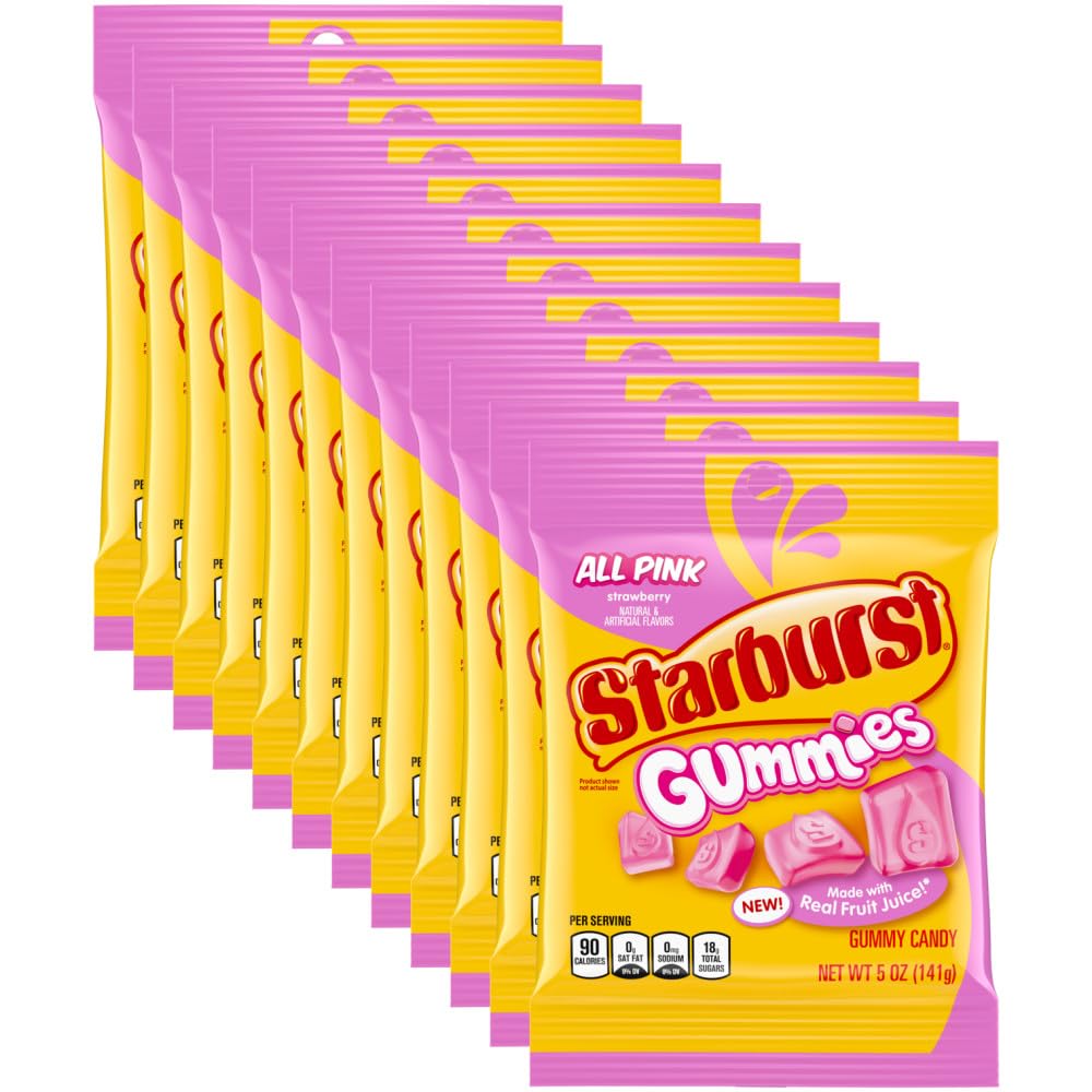 Starburst frente del empaque mostrando bolsas rosas y atractivo visual