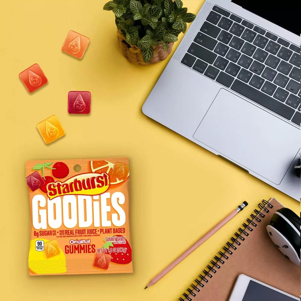 Starburst etiqueta de ingredientes destacando plant-based y bajo azúcar
