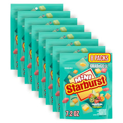 Starburst minis frente del paquete mostrando bolsita tropical y conveniencia para llevar