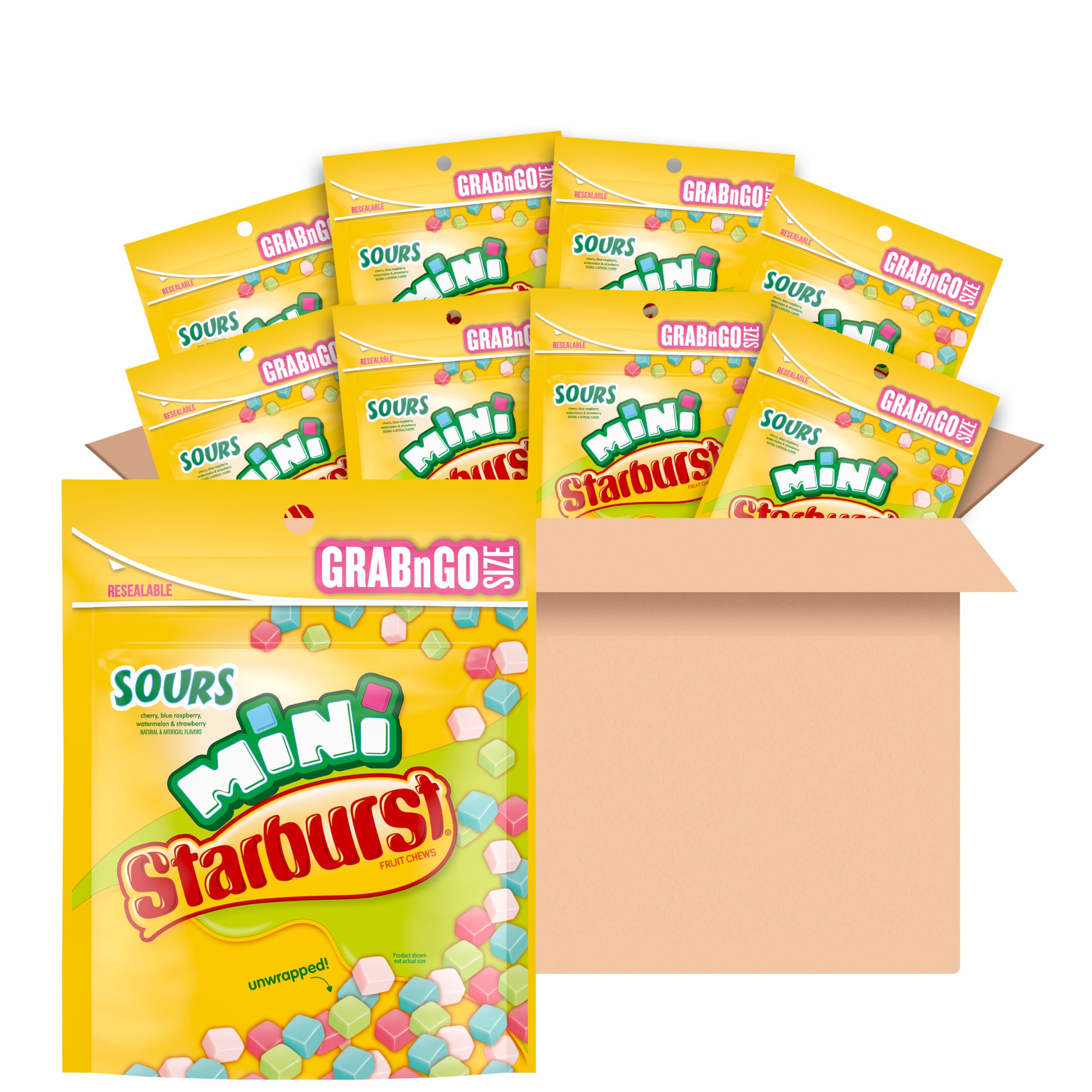 STARBURST paquete frente mostrando bolsas resellables y colores vibrantes, conveniencia para compartir