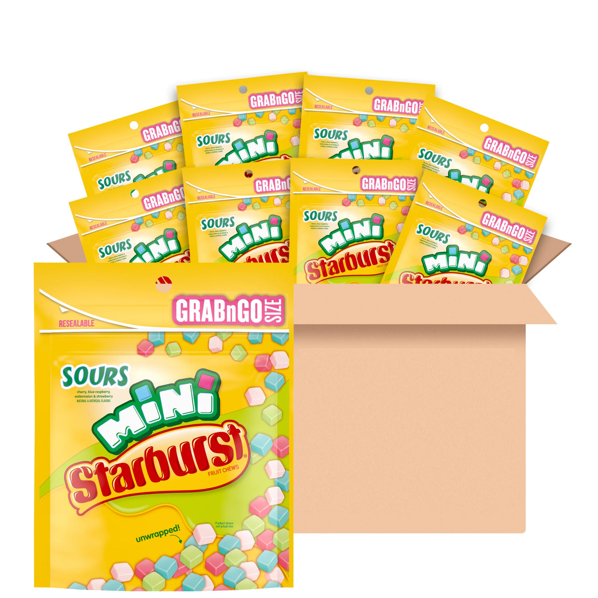 STARBURST paquete frente mostrando bolsas resellables y colores vibrantes, conveniencia para compartir