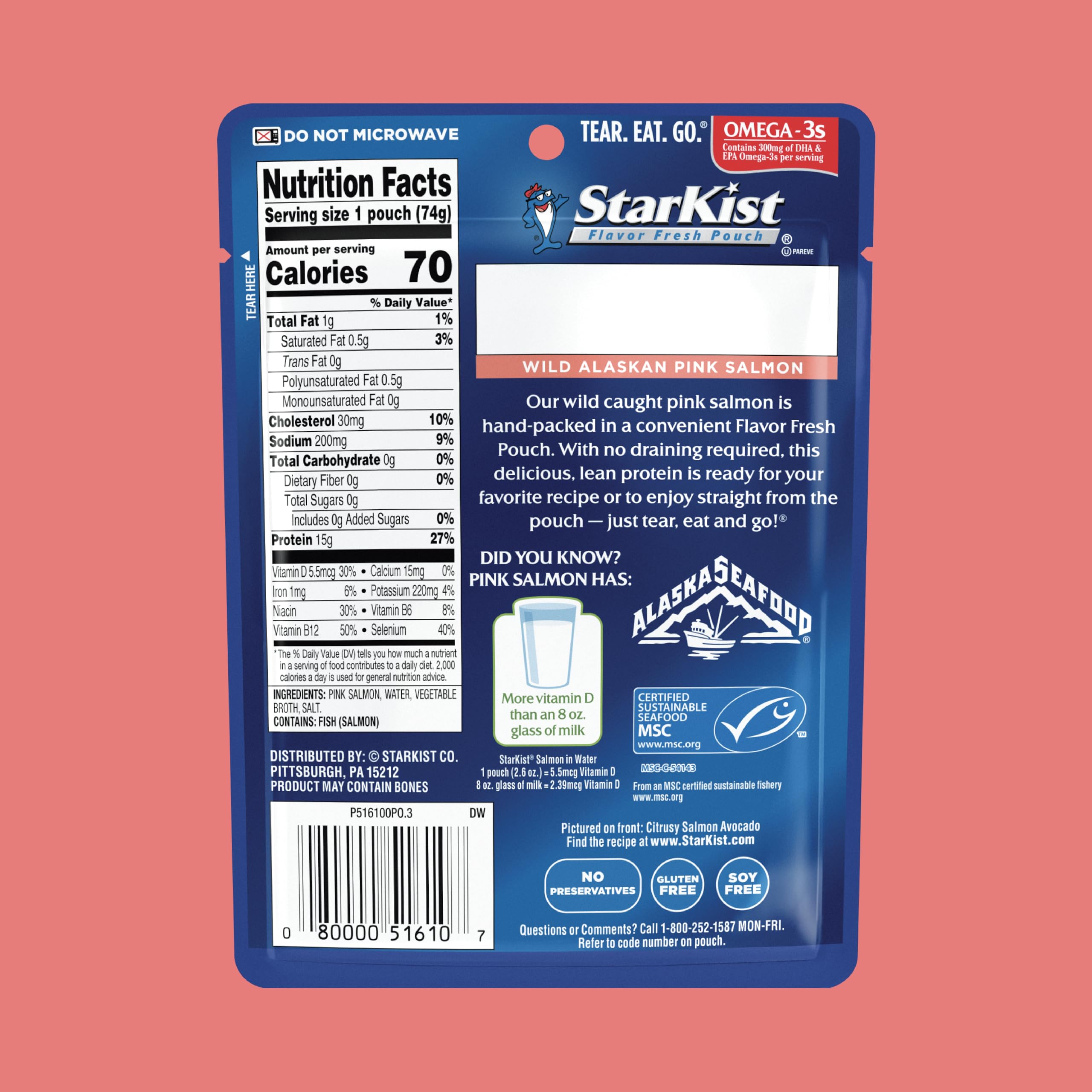 StarKist sobre abierto con salmón dentro mostrando facilidad de consumo