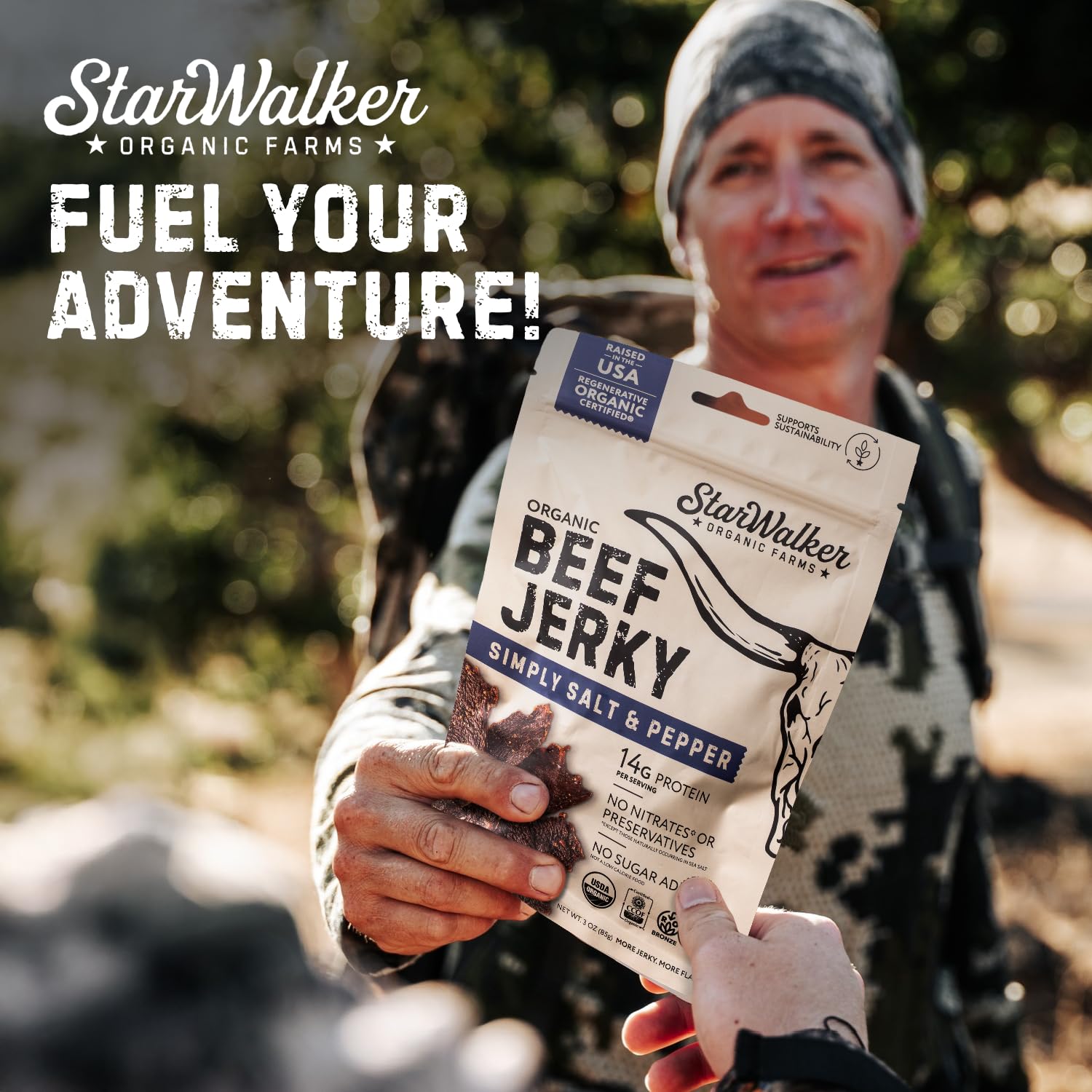 StarWalker sal marina y pimienta negra orgánica al lado del jerky, ingredientes puros