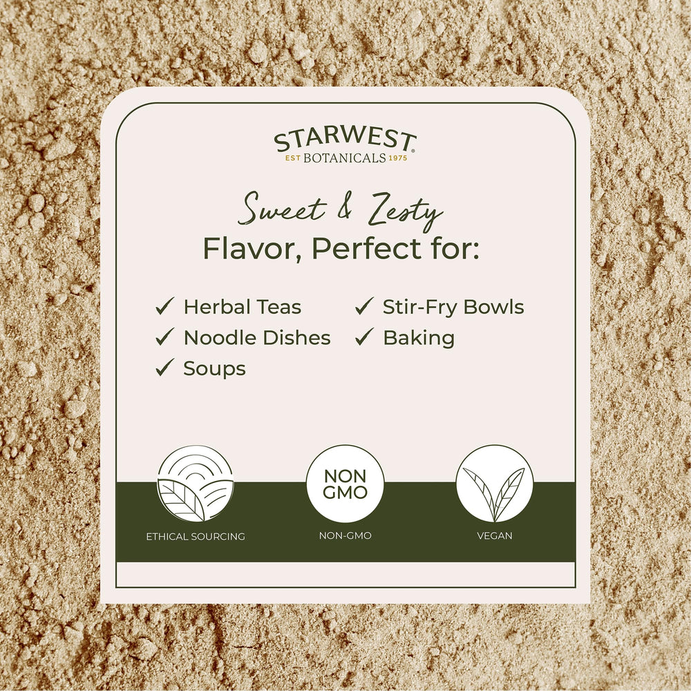 Starwest Botanicals polvo de jengibre en cuchara, fácil dosificación para recetas