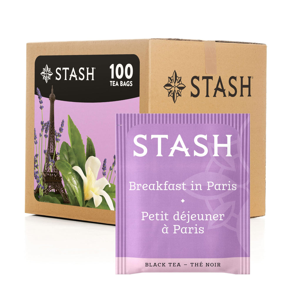 Stash caja frontal mostrando 100 bolsitas, presentación práctica y aromática