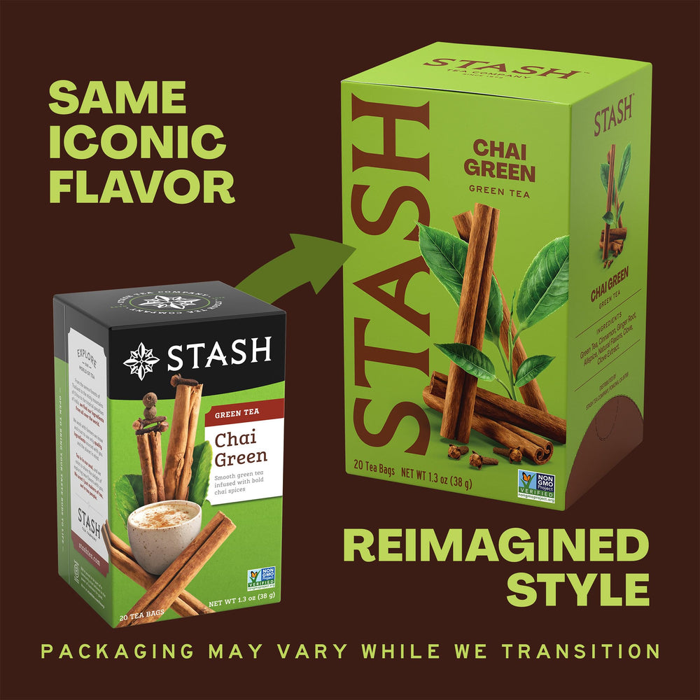 Detalle de una bolsita Stash chai green tea con especias visibles y aroma atractivo