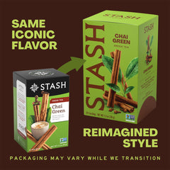 Detalle de una bolsita Stash chai green tea con especias visibles y aroma atractivo