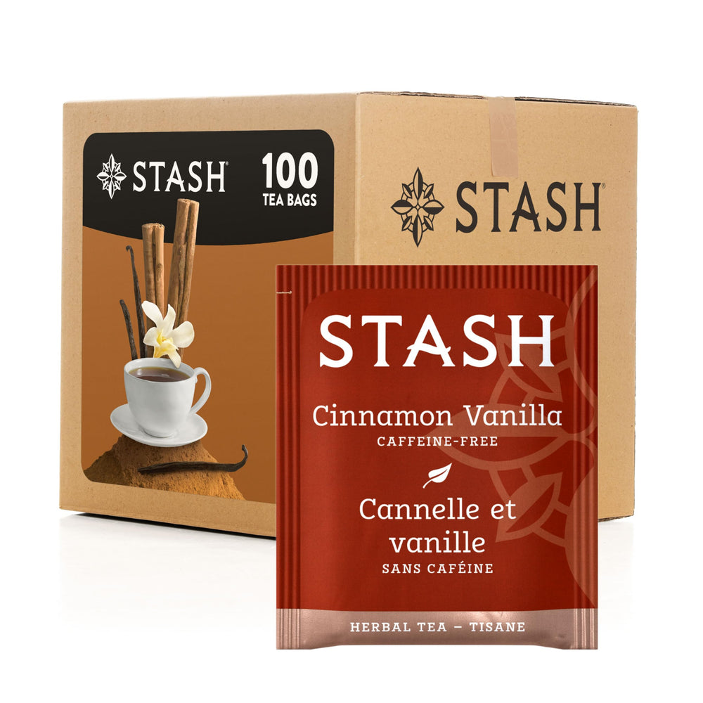 Stash caja Cinnamon Vanilla frente mostrando 100 bolsitas y conveniencia