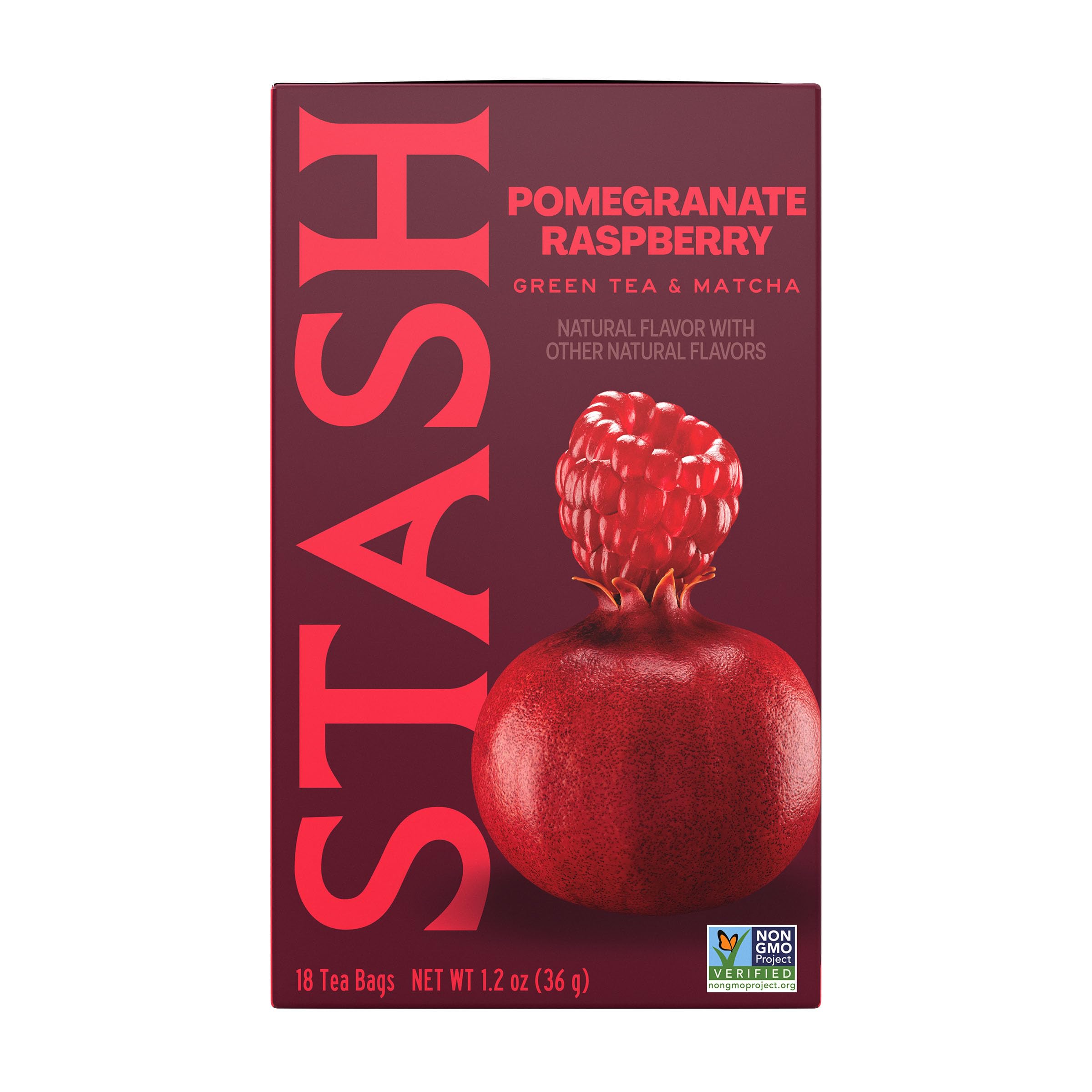 Stash caja frontal de Pomegranate Raspberry & Matcha mostrando diseño y cantidad de bolsitas, frescura y conveniencia
