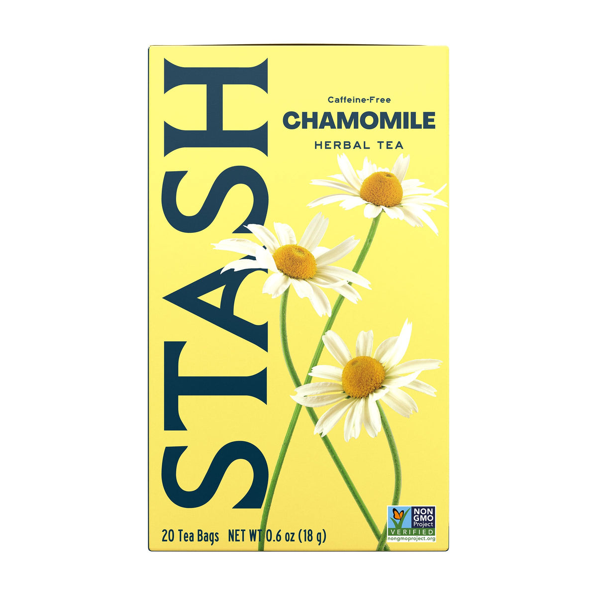 Stash manzanilla frente del paquete mostrando las seis cajas y diseño claro