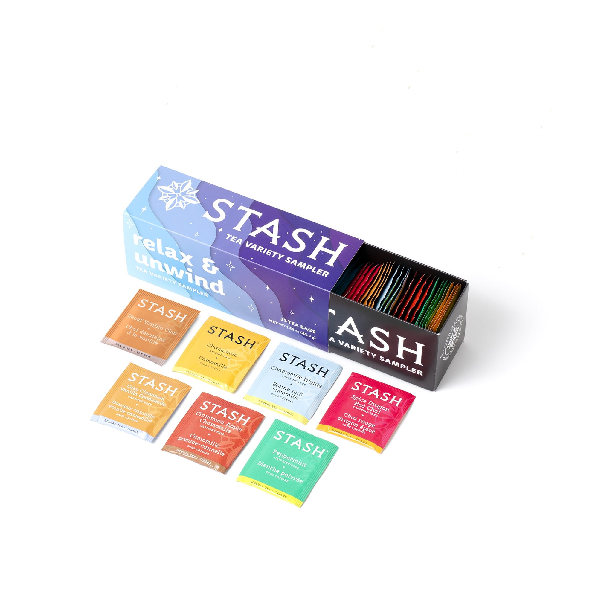 Stash paquete Relax and Unwind frontal mostrando caja y sabores, ideal para regalo