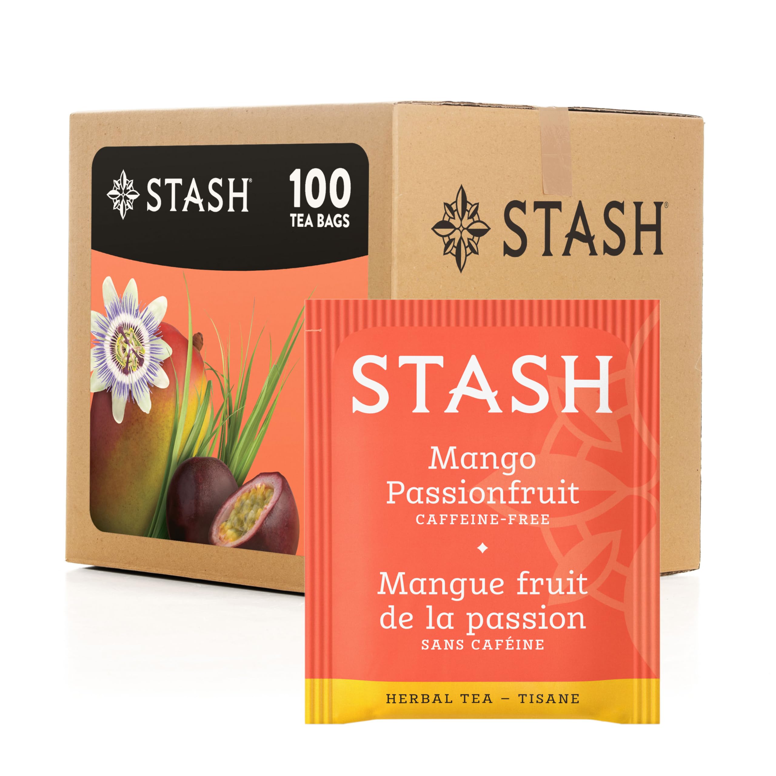 Stash Tea frente de la caja mostrando 100 bolsitas y aspecto tropical