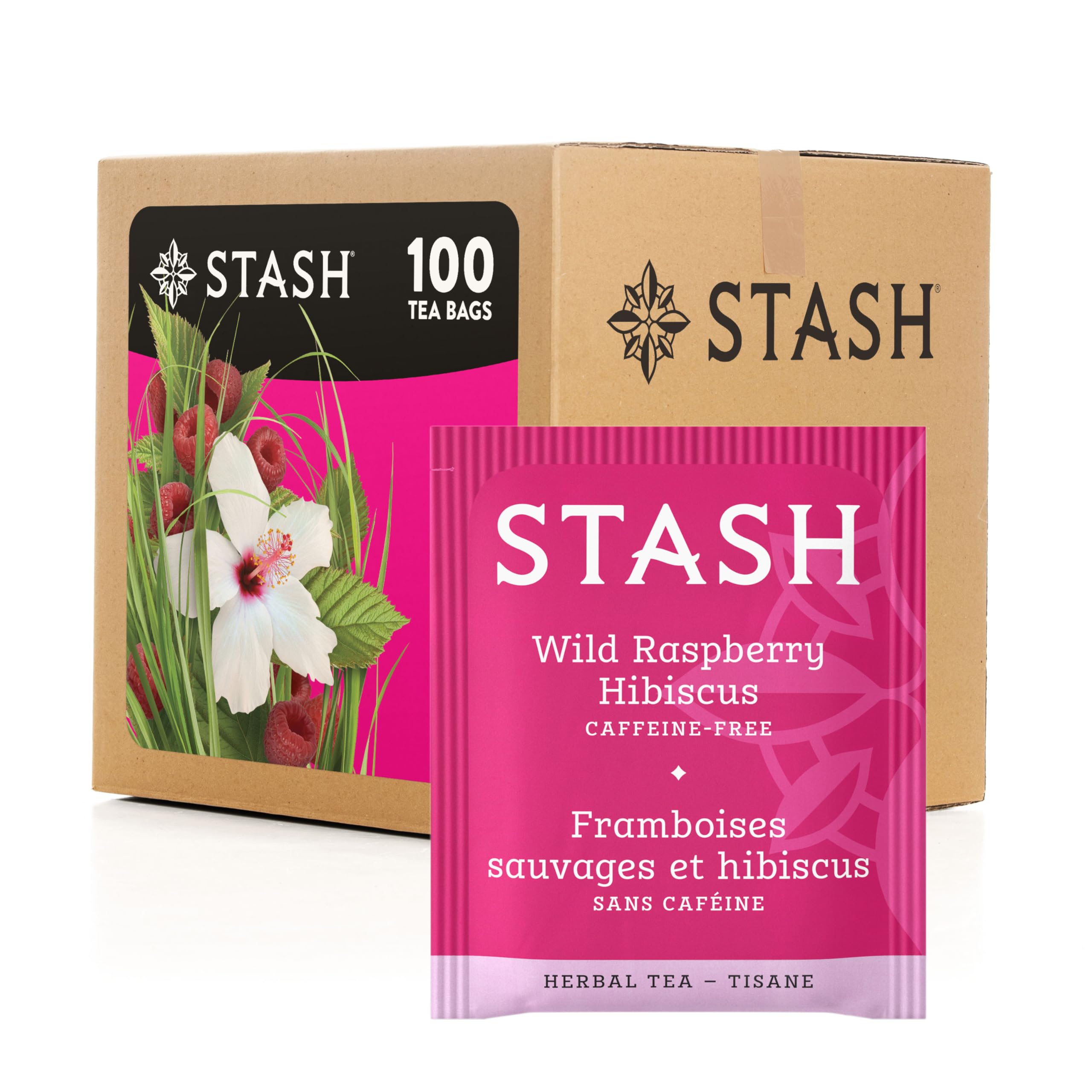 Stash caja Wild Raspberry Hibiscus al frente mostrando 100 bolsitas, invitando a probar