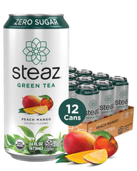 Steaz lata frontal Durazno Mango mostrando diseño y sabor refrescante