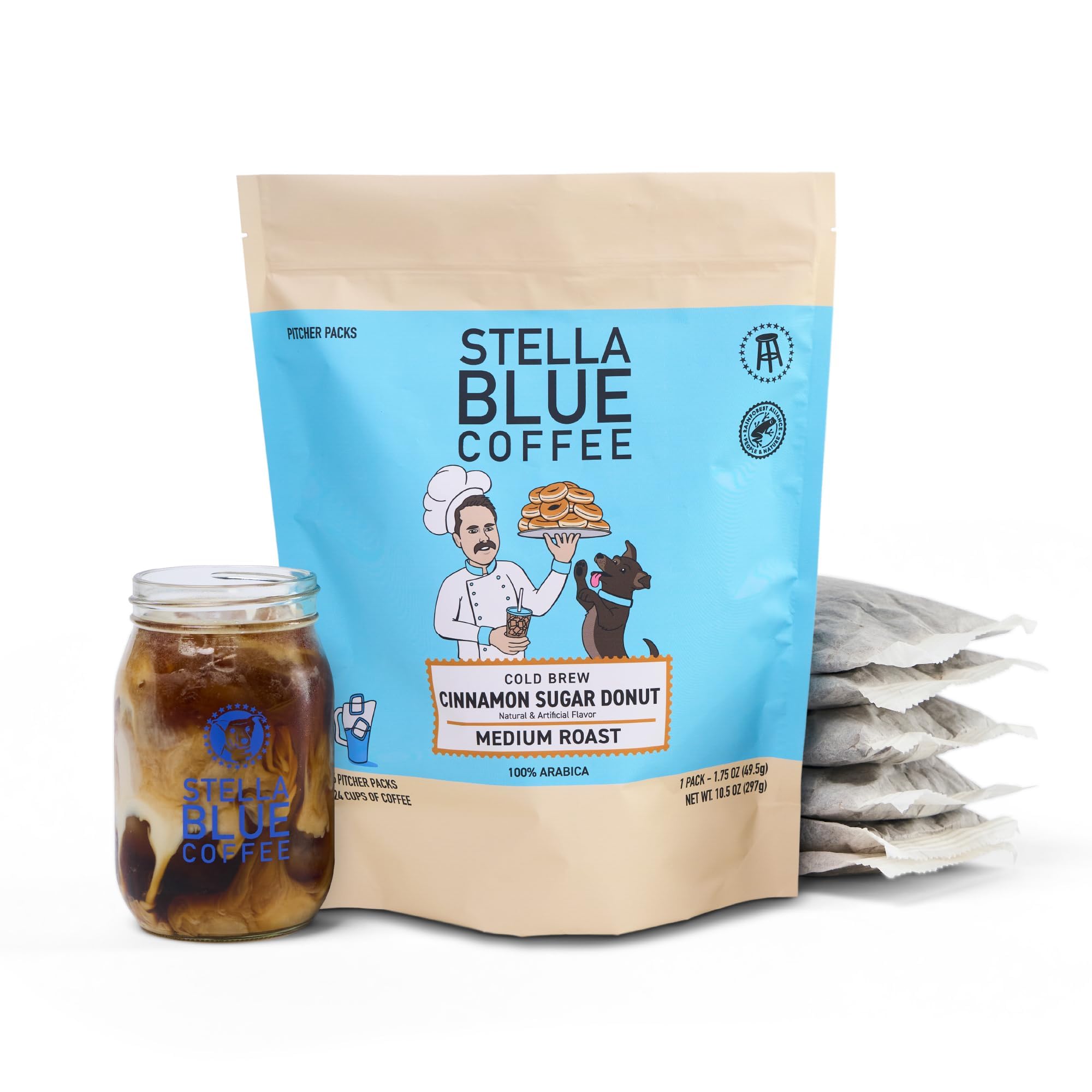 Stella Blue vista frontal de la caja que muestra sabor Cinnamon Sugar Donut y beneficios