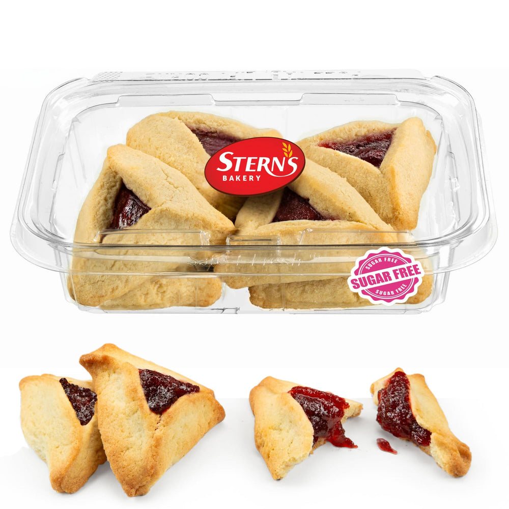 Stern's Bakery paquete frontal de hamentaschen sin azúcar mostrando 10 unidades y conveniencia