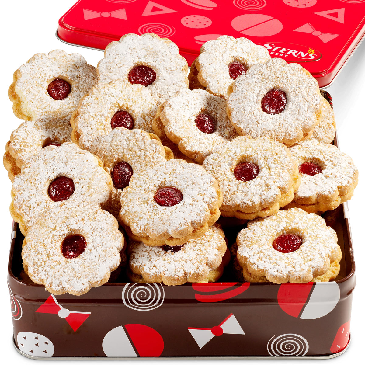 Stern's Bakery lata frontal con 18 galletas Linzer lista para regalar