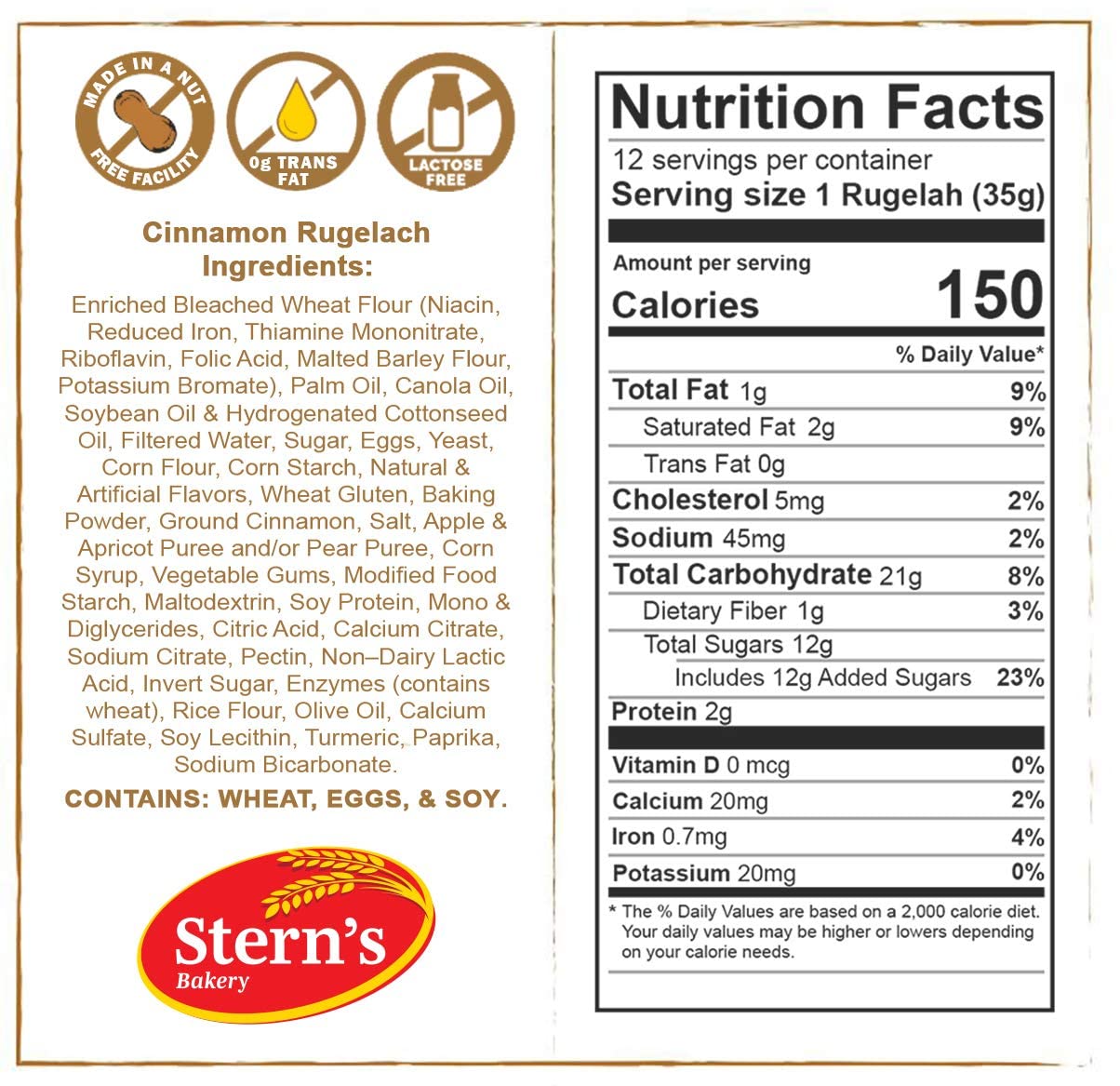 Stern's Bakery etiqueta con certificación OK kosher y lista de ingredientes visible