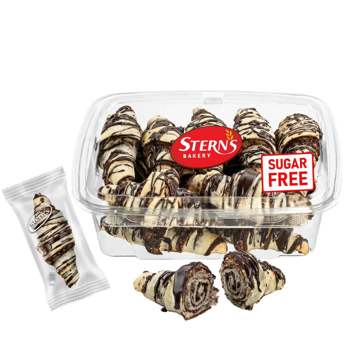 Stern's Bakery empaque frontal de rugelach sin azúcar que muestra marca y presentación, fácil de compartir