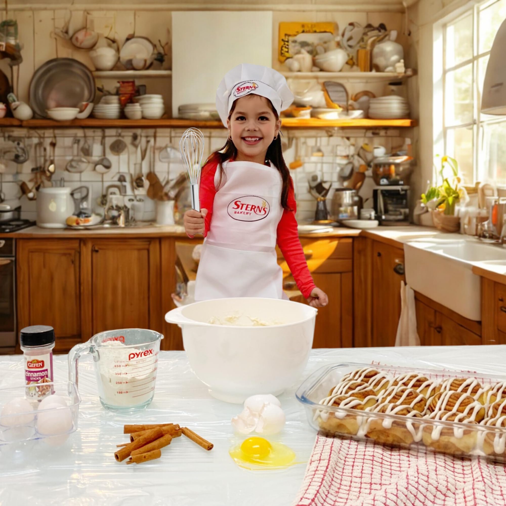 Stern's Bakery comparación de tamaño junto a mano para referencia de porción