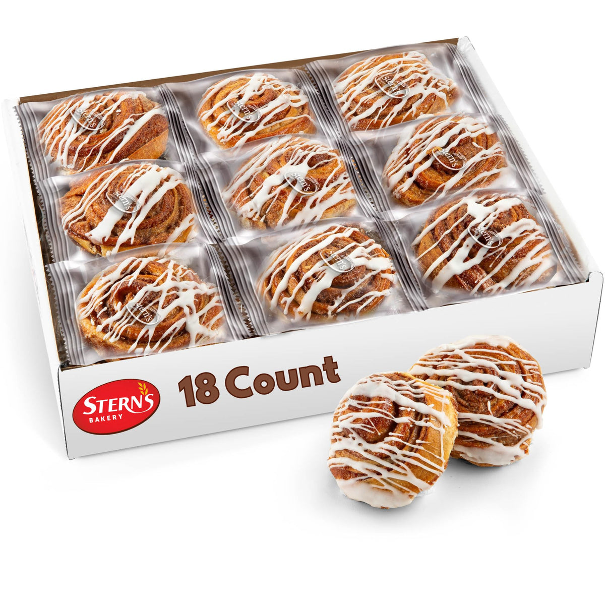 Stern's Bakery paquete frontal mostrando 18 rollos listos para servir