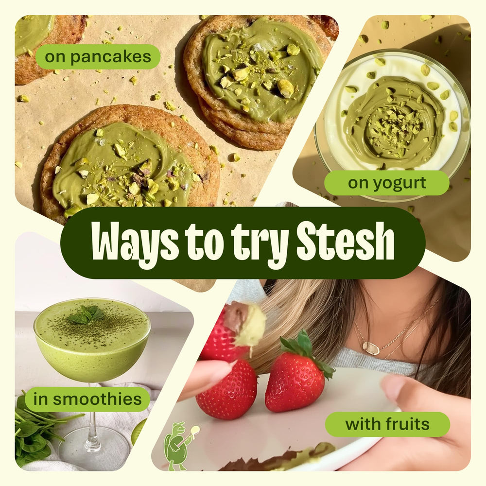 Stesh pistachio butter mezclado en batido cremoso para más proteína