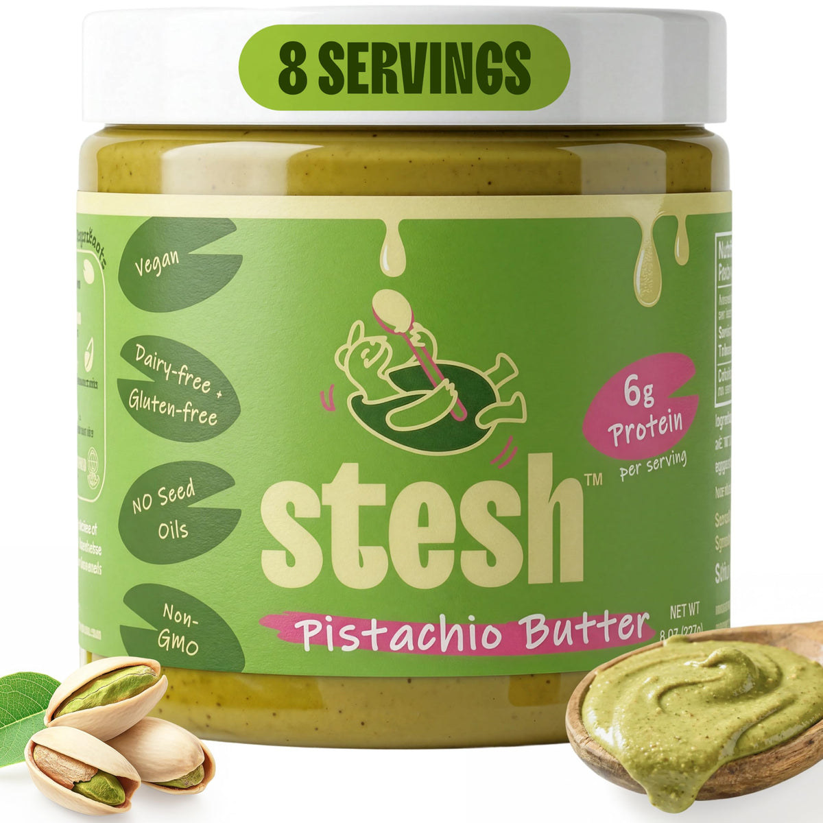 Stesh frasco frontal de pistachio butter mostrando etiqueta y tamaño