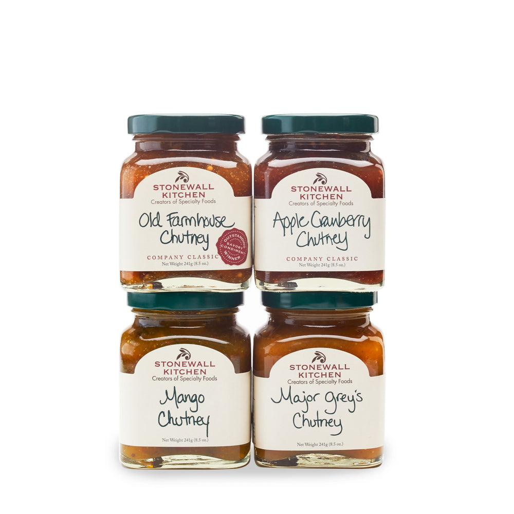 Stonewall Kitchen frascos frontales mostrando los cuatro chutneys y variedad