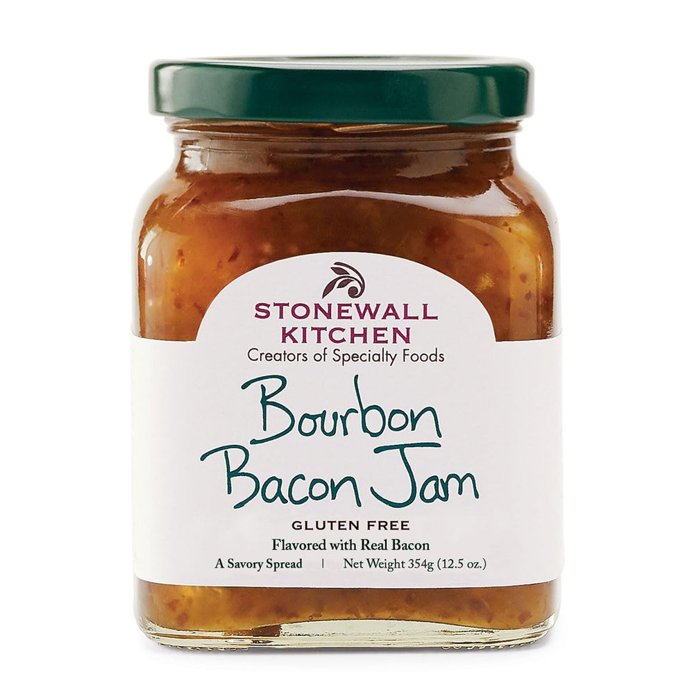 Stonewall Kitchen frasco frontal de Bourbon Bacon Jam mostrando etiqueta gourmet y tamaño