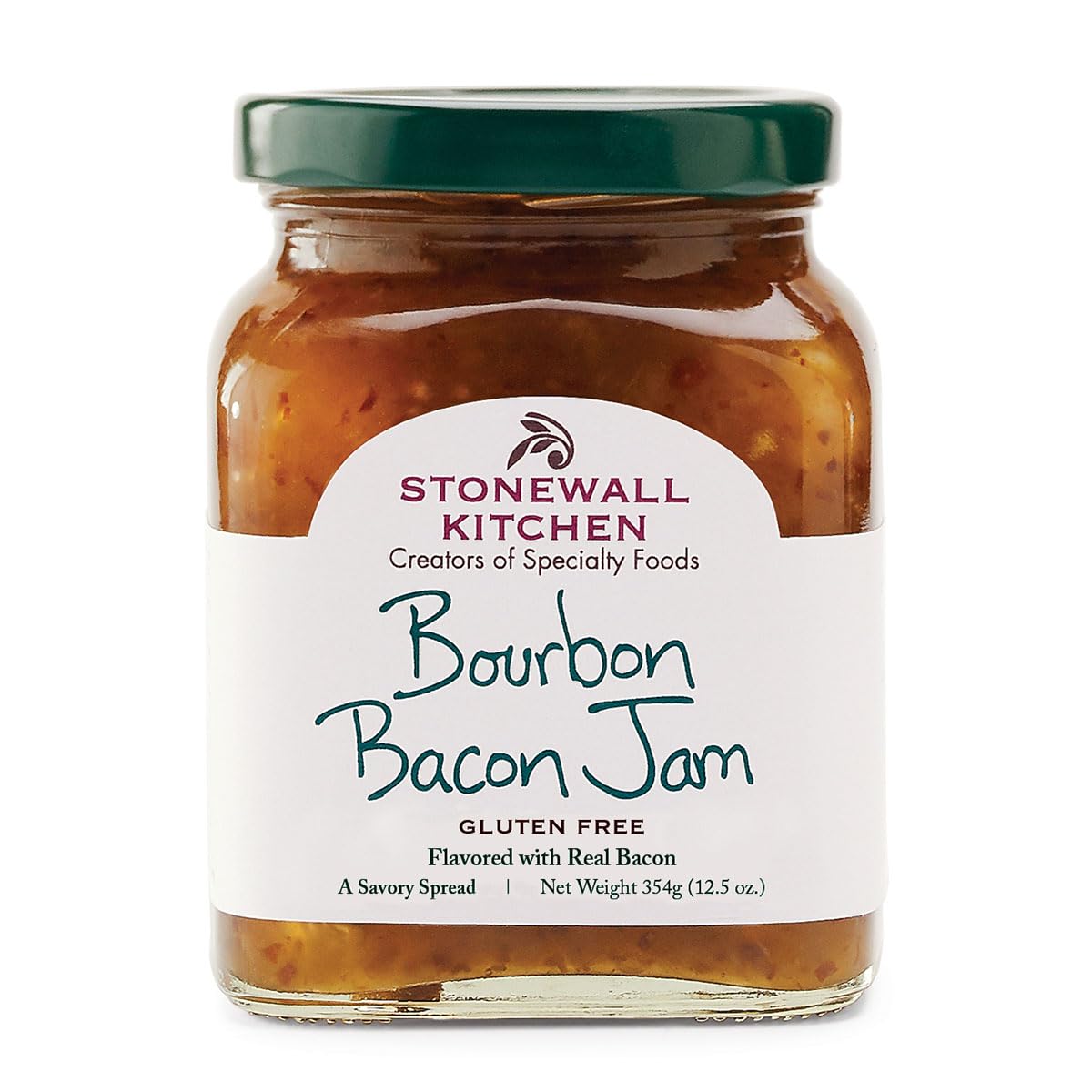 Stonewall Kitchen frasco frontal de Bourbon Bacon Jam mostrando etiqueta gourmet y tamaño